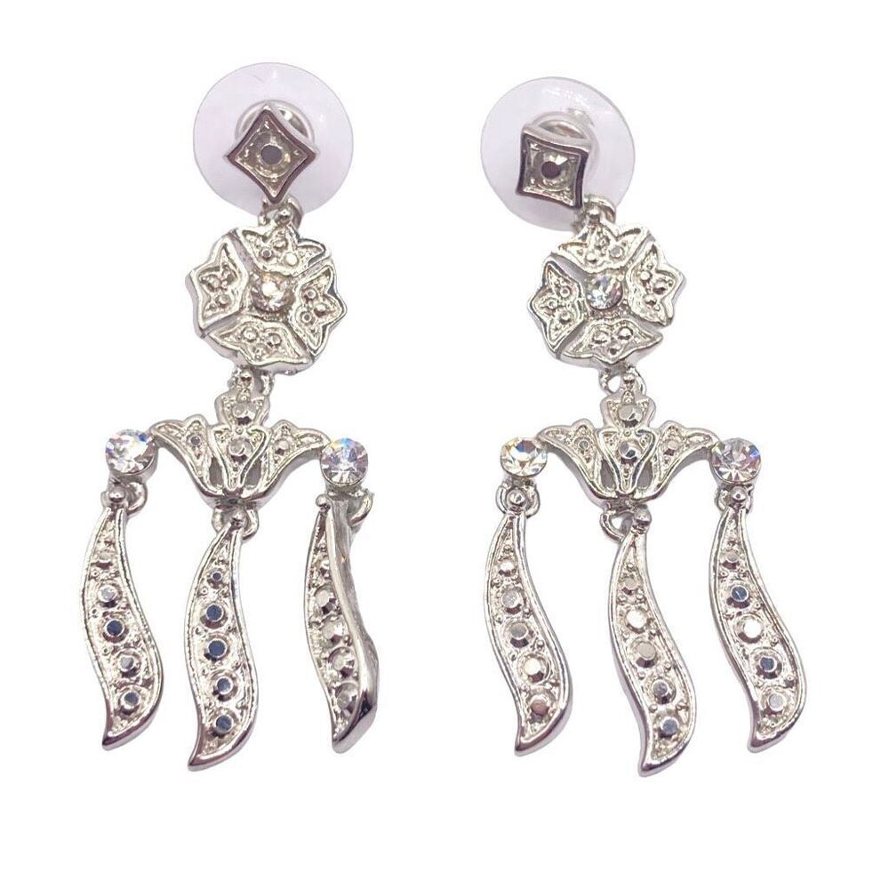 Silver floral dangle drop earrings